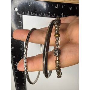 Mixed Metal Bangle Bracelet Set Silver Gunmetal Beaded Twisted 3 Piece Stack